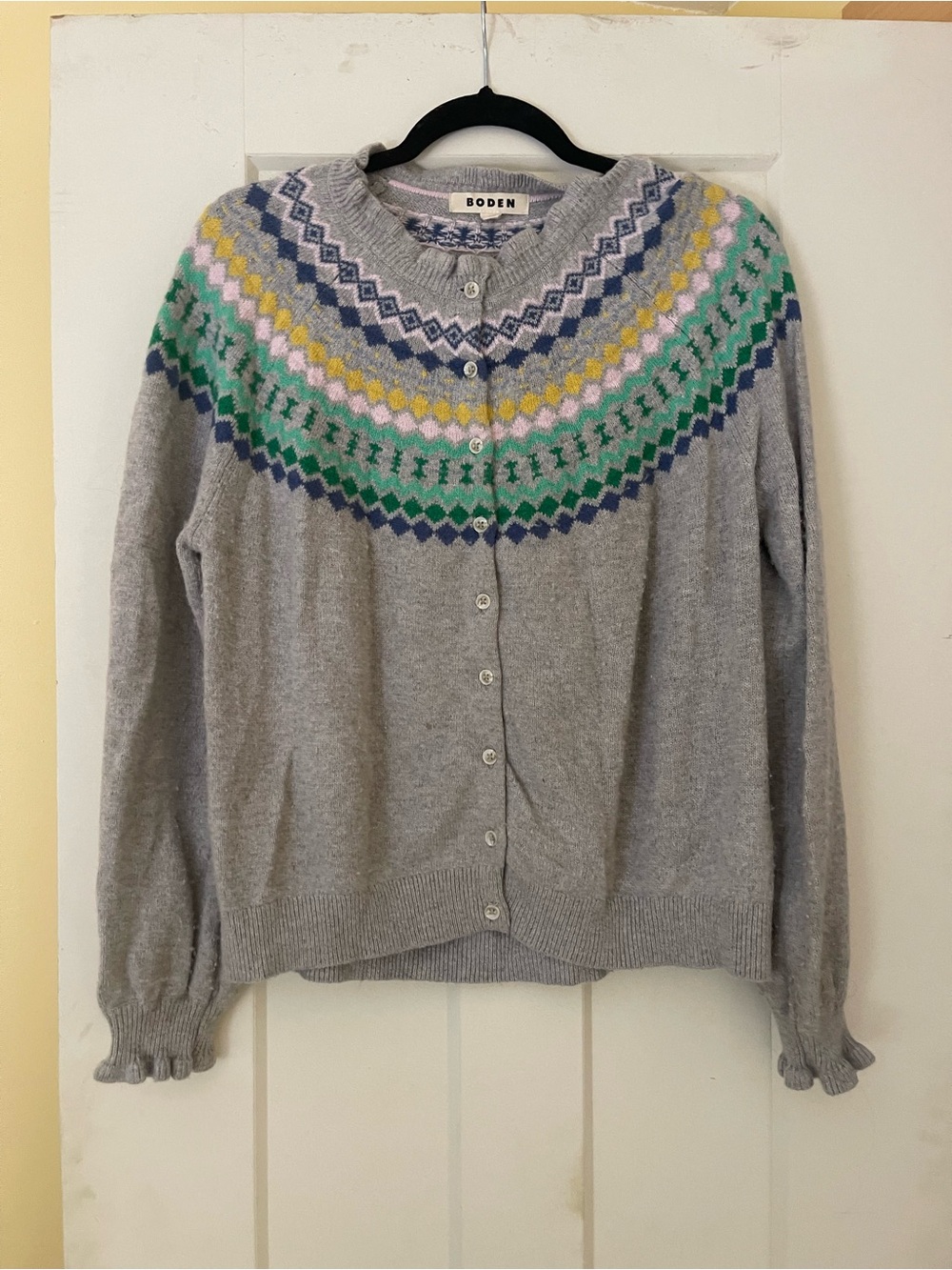 Boden Gray Fair Isle Yoke Button Cardigan with Pastel Accents